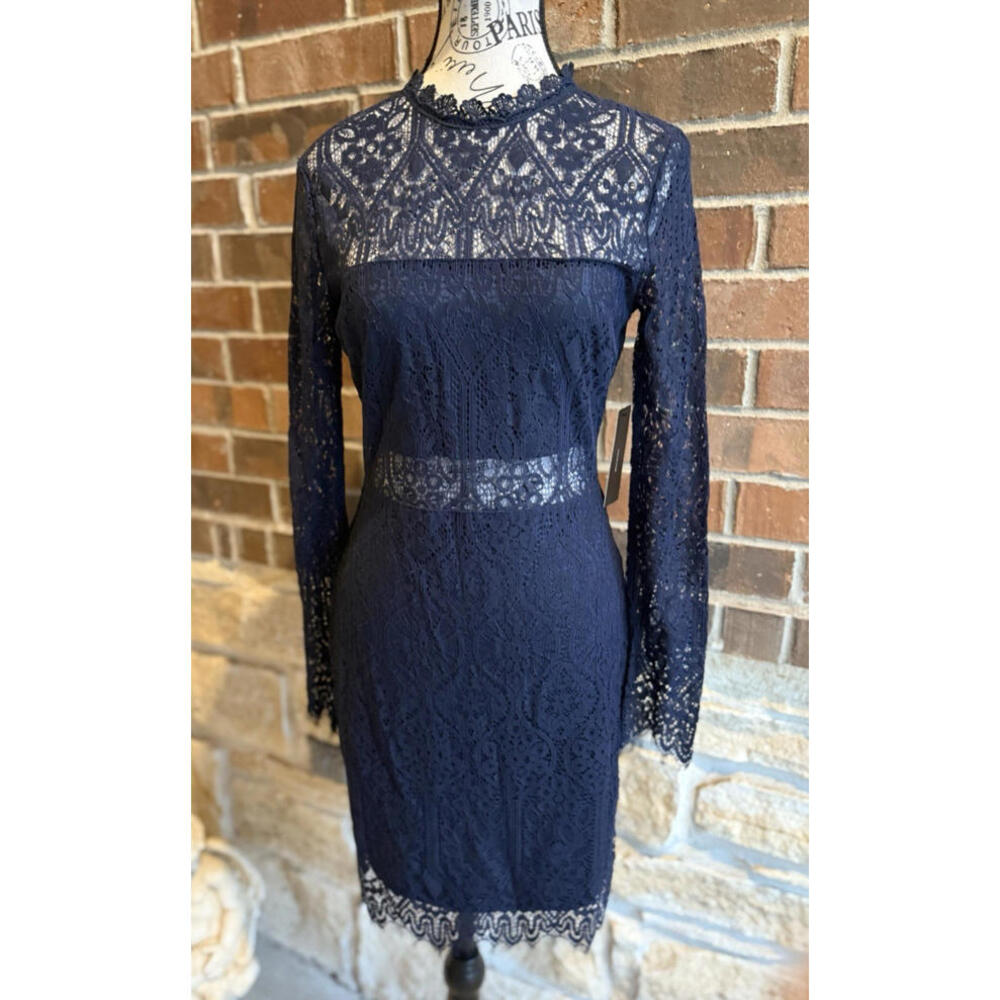 Lulus Navy Lace Dress Long Sleeve Midi Cocktail Party SZ S - Picture 1 of 15